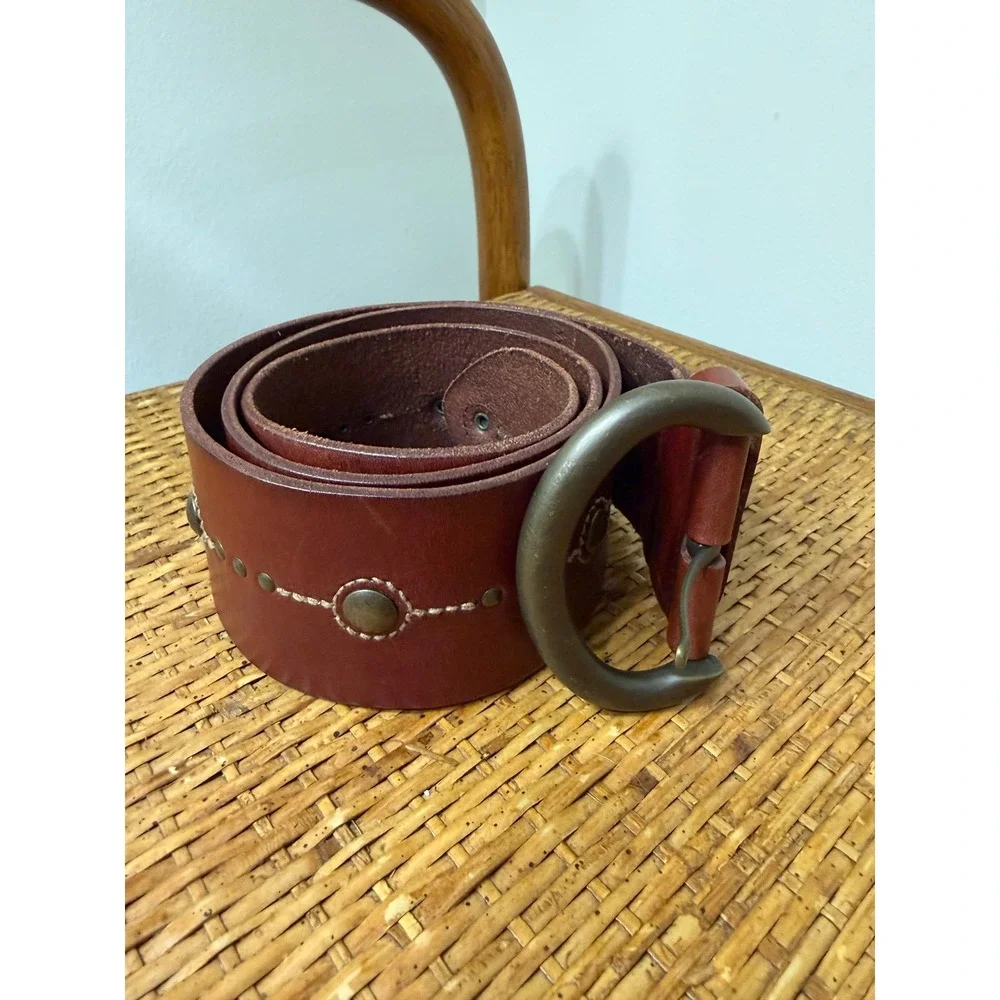 Fossil Wide Leather Belt Brown Studded Brass Horseshoe Ring Buckle Boho Western